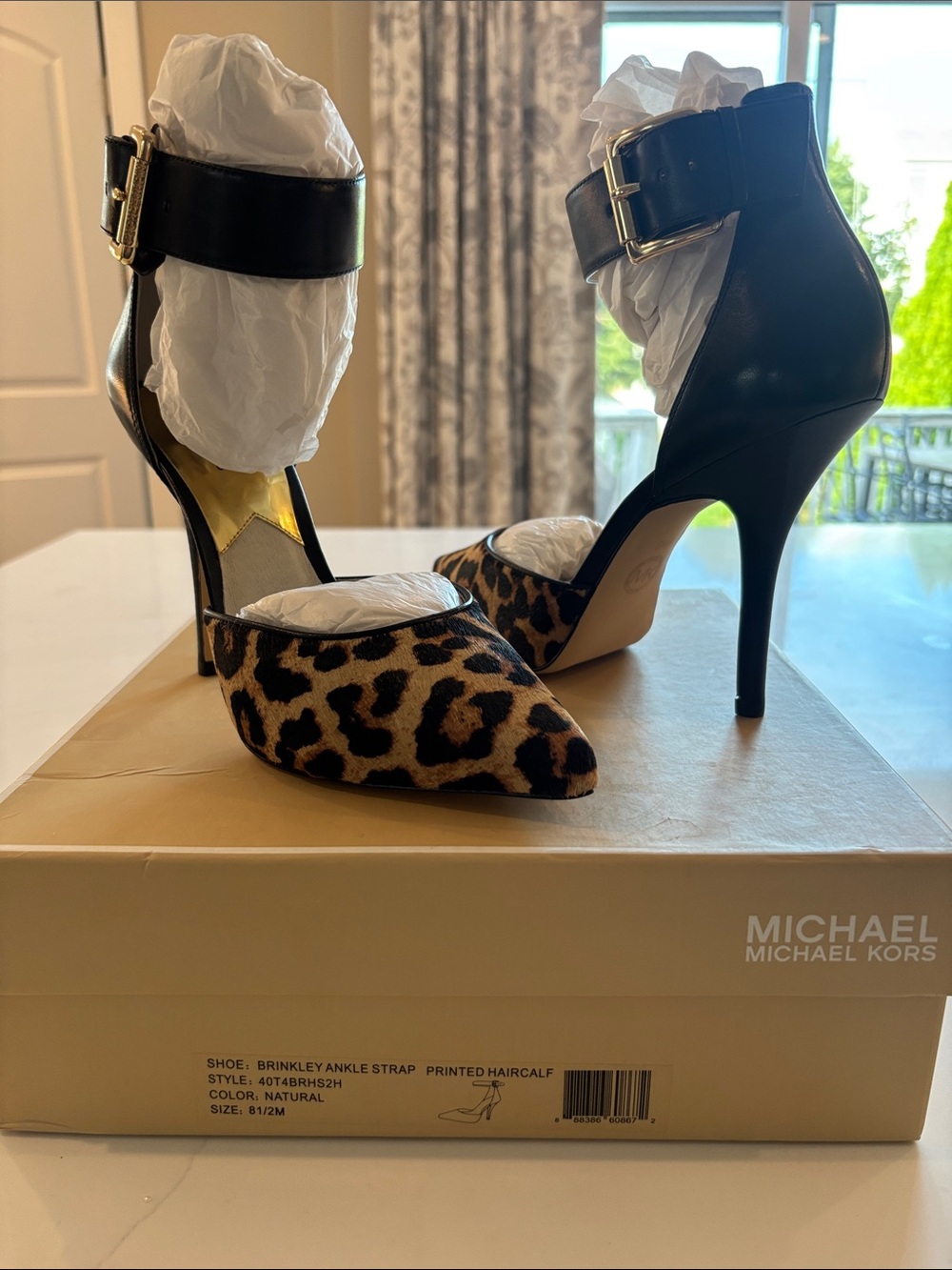 Michael Kors Leopard Print Pointed Toe Ankle-Strap Heels in Natural